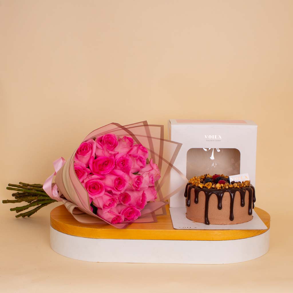 Voila Chocolate Cake & Pink Roses Bouquet