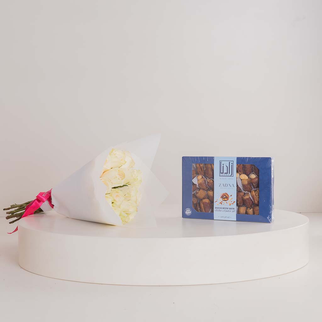 Zadna Mixed Dates and Nuts & White Roses Bouquet