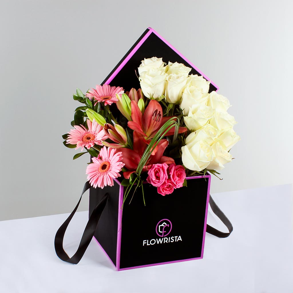 Luxury Flower Box: White Roses, Lilies, and Gerberas