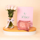 Veloor Rafef Scarf & Pink Roses Vase