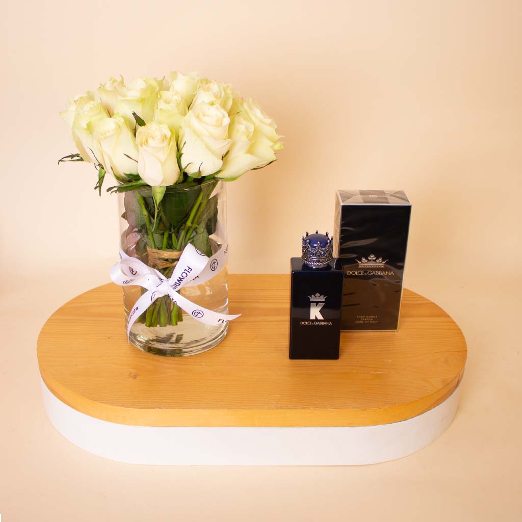 Dolce & Gabbana K Pour Homme Parfum 100ml & White Roses Vase