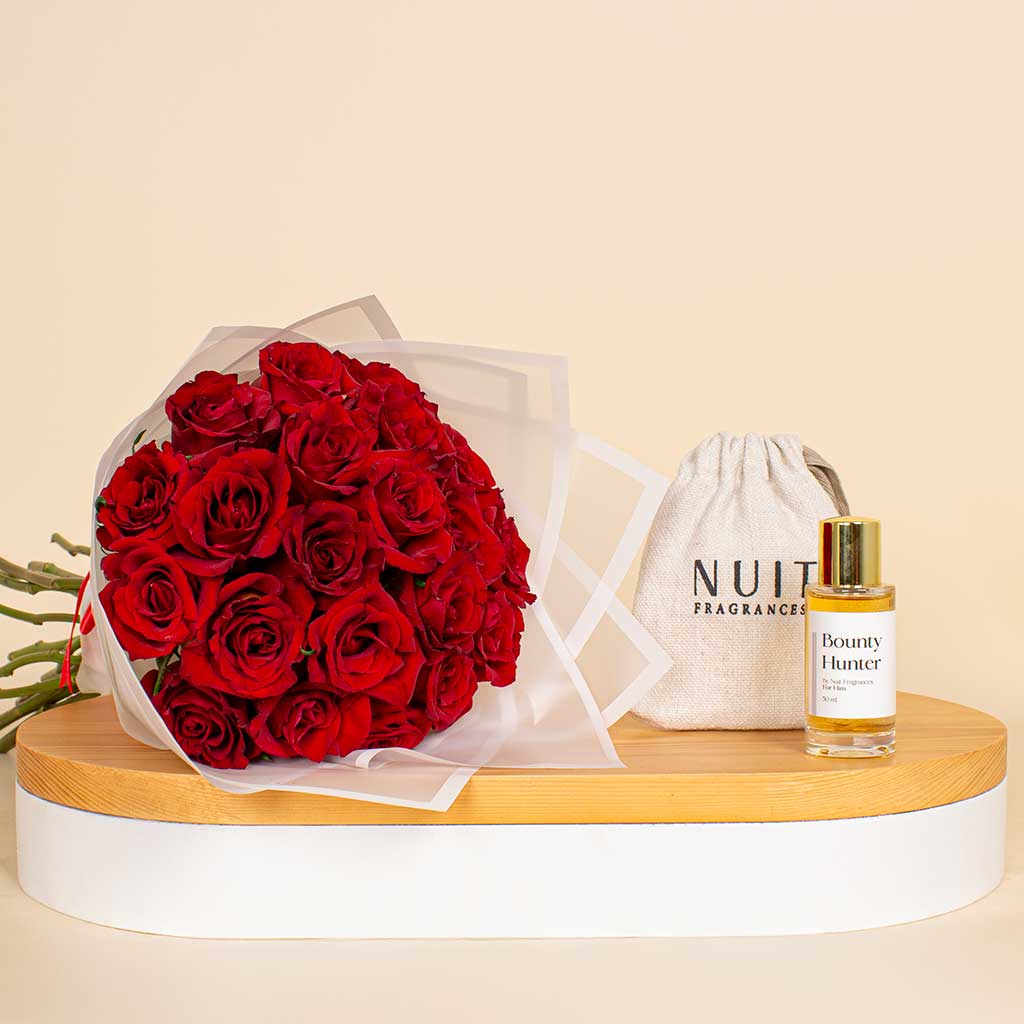 Nuit Fragrances Head Turner and 20 red roses