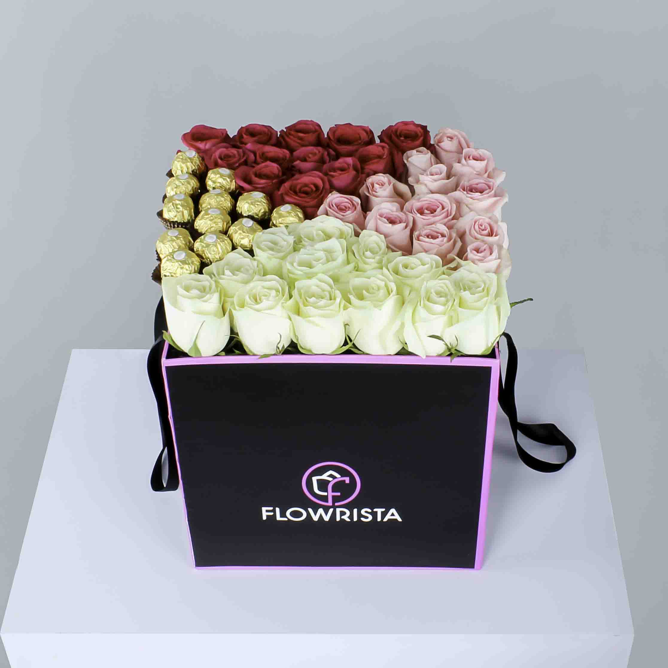 Box of Pink, Red & White Roses with Ferrero Rocher Chocolates