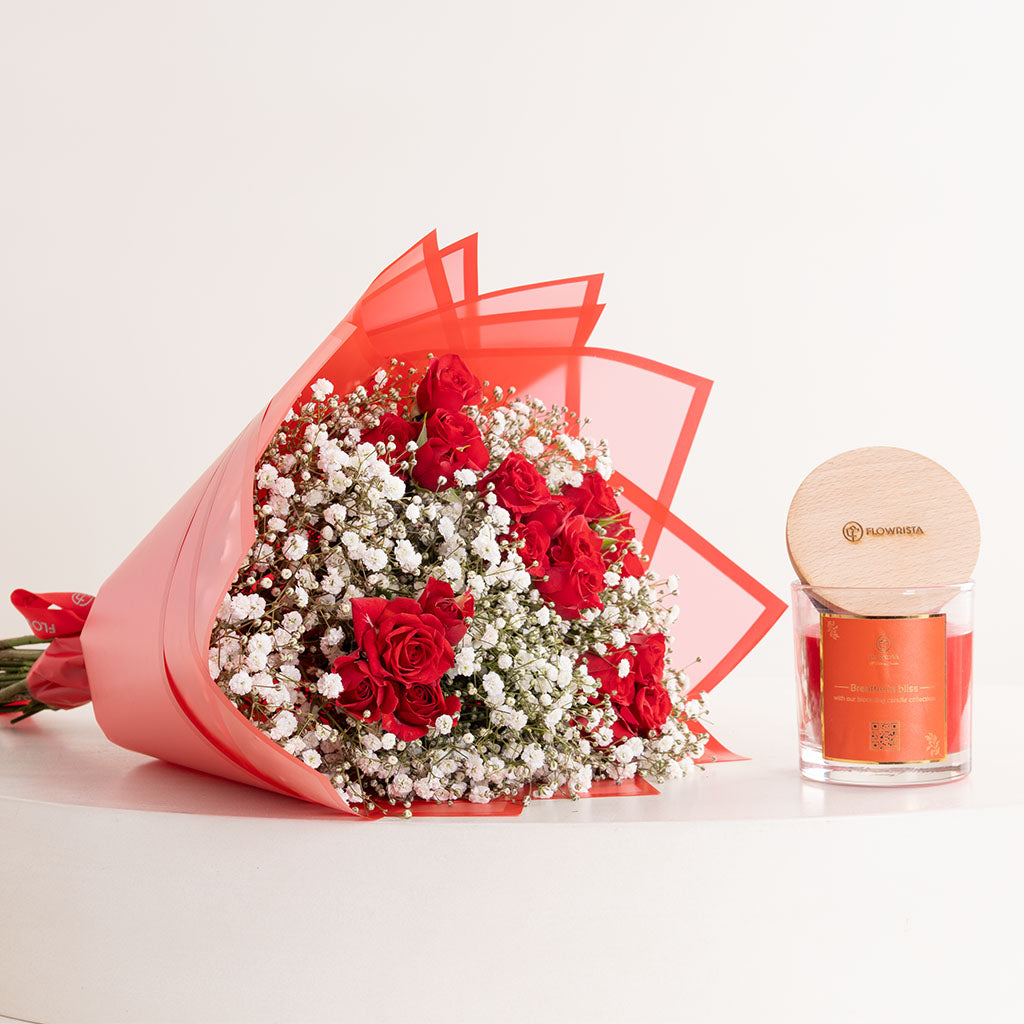 Red Jar Candle & Baby Roses Bouquet