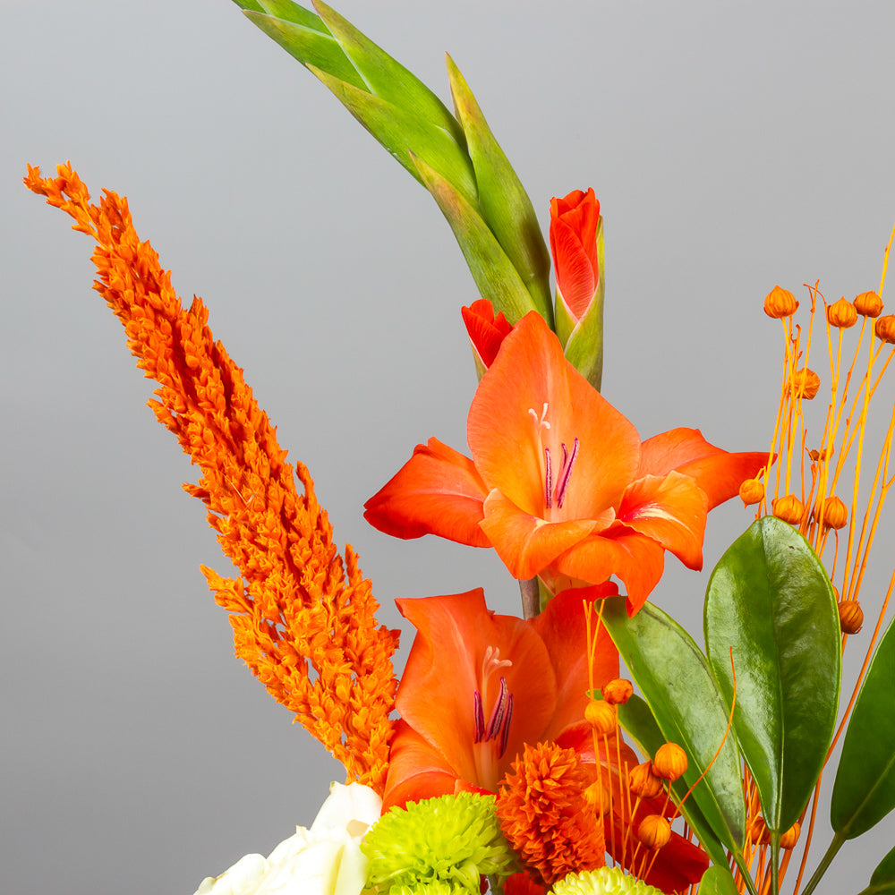 Sunshine Glow Vase – Orange & Yellow Roses