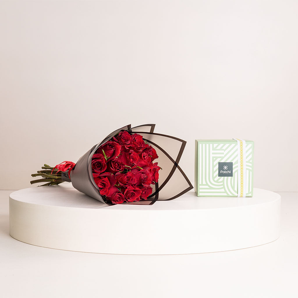Valentine’s Bouquet of 20 Red Roses with Patchi Chocolate