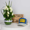 Levai & Loris Bohemian Rhapsody Cap with White Roses Vase
