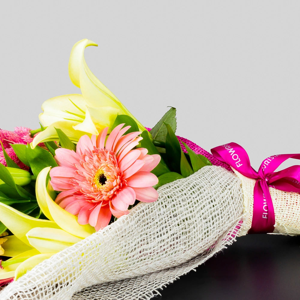 Pink Roses, Gerbera & Yellow Lilies Bouquet