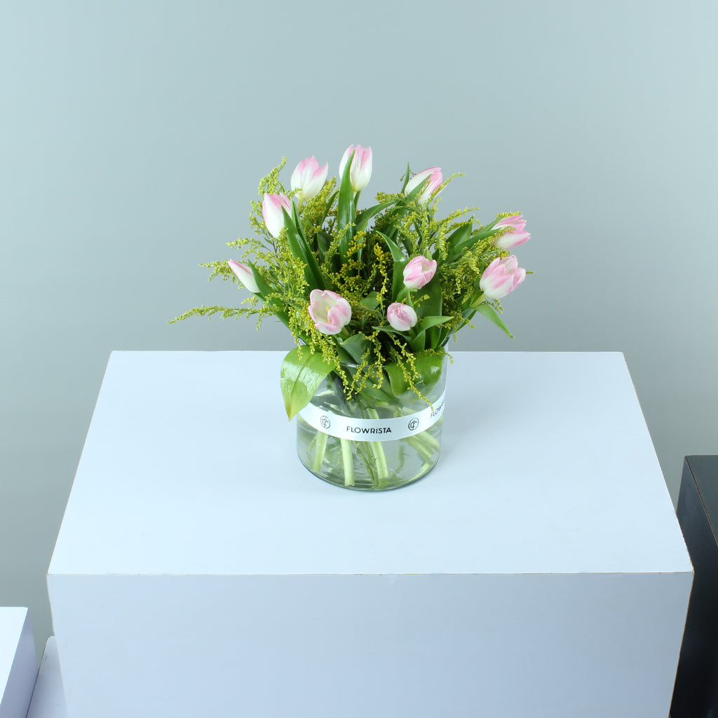 Elegant Glass Vase with Pink & White Tulips