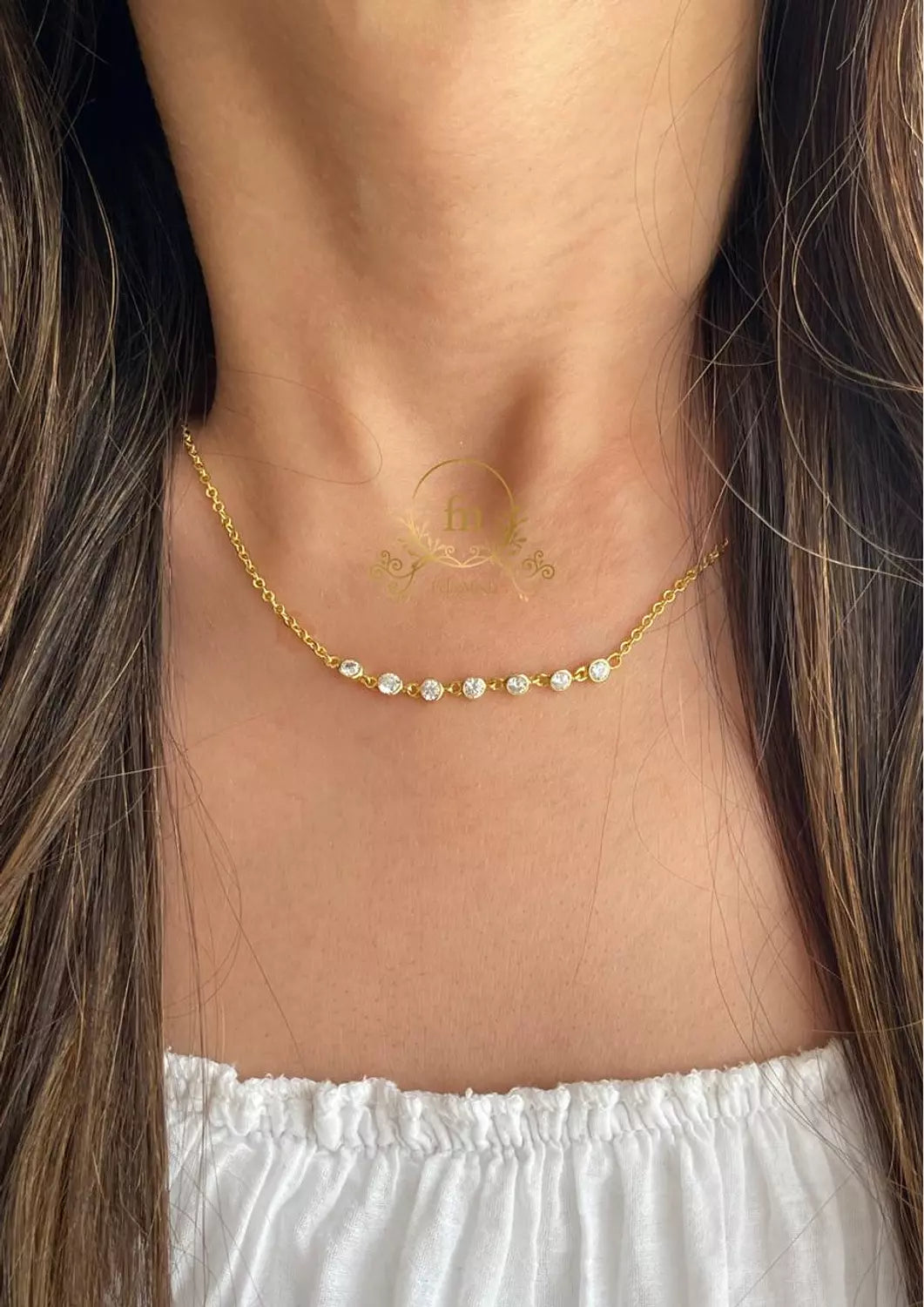 Silver necklace with multiple white stones gold plated