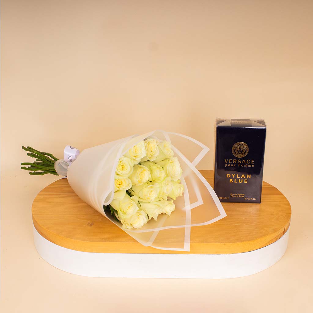 Versace Dylan Blue Eau de Toilette for Men 200 ml & White Roses Bouquet
