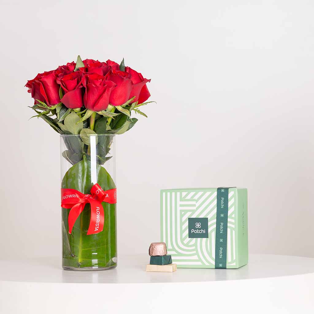 Patchi Chocolate Box 500g & Red Roses Vase