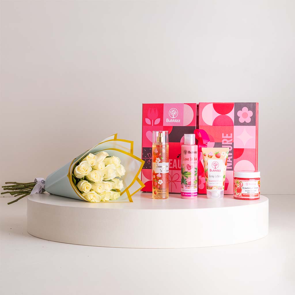 Bubblzz Strawberry Body Care Collection & Pink Roses Bouquet