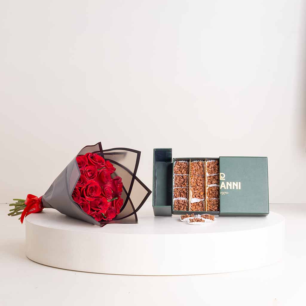 Giovanni Mix Caramelized Chocolate Box & Red Roses Bouquet