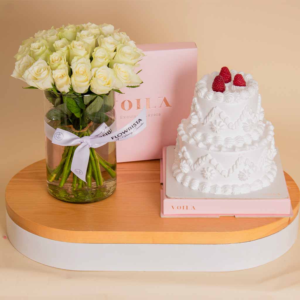 Voila Red Velvet Cake with Vase of 25 White Roses