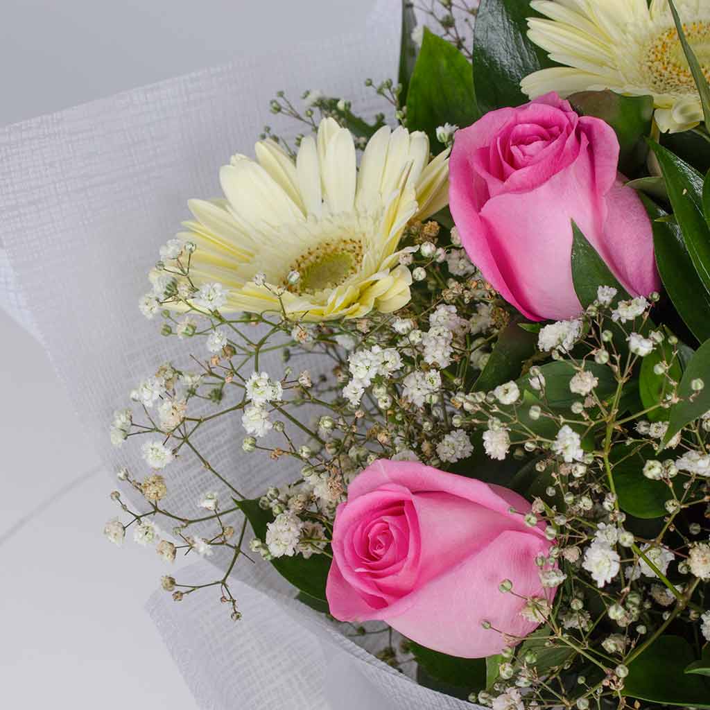 Whisper of Purity — White & Pink Roses Hand Bouquet