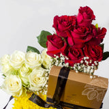 House of Cocoa Chocolate Box 16pieces and 16white and red roses