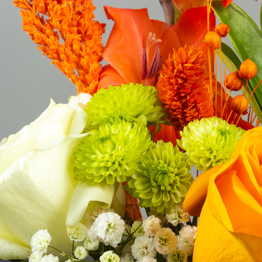 Sunshine Glow Vase – Orange & Yellow Roses