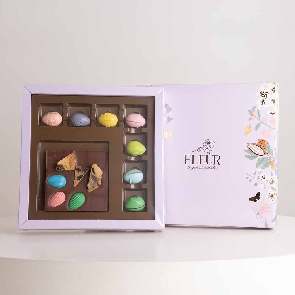 Fleur Easter Edition Belgian Bonbons Box, Chocolate Bar & Lollipop Carnation Vase