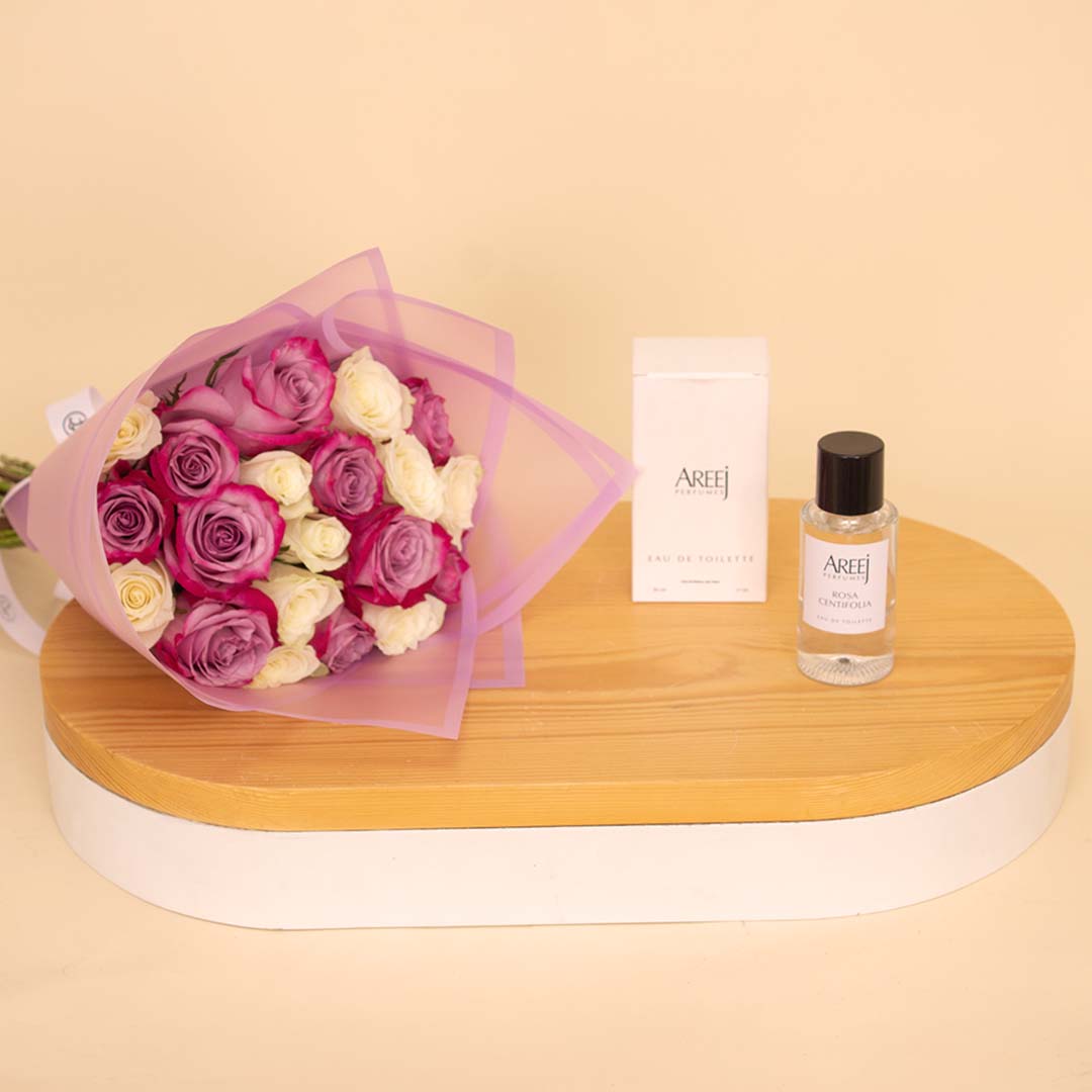 Areej Rose Centifolia with Hand Bouquet of 10 Purble and 10 White Roses