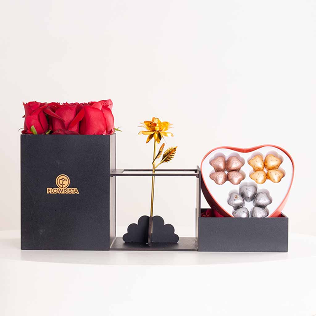 Patchi Tin Box of 22 Pieces and 9 red roses