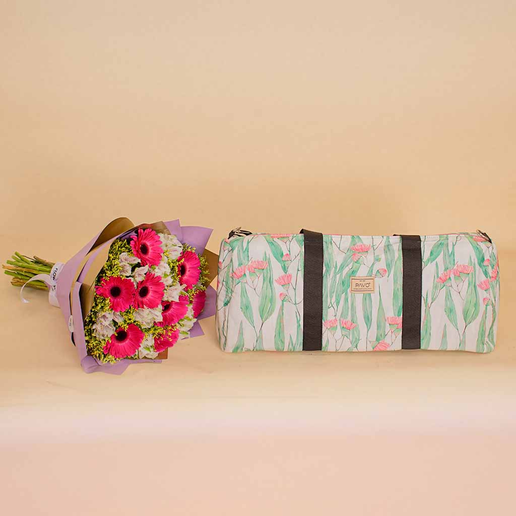 Pavo Rose Lily Duffle Bag & Gerbera Unique Bouquet