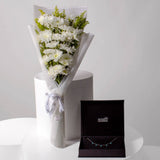 Markiz Rhodium Opal Necklace & 10 White Chrysanthemum Bouquet