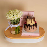 Voilà Signature Duo Cake with Vase Of 25 White Roses