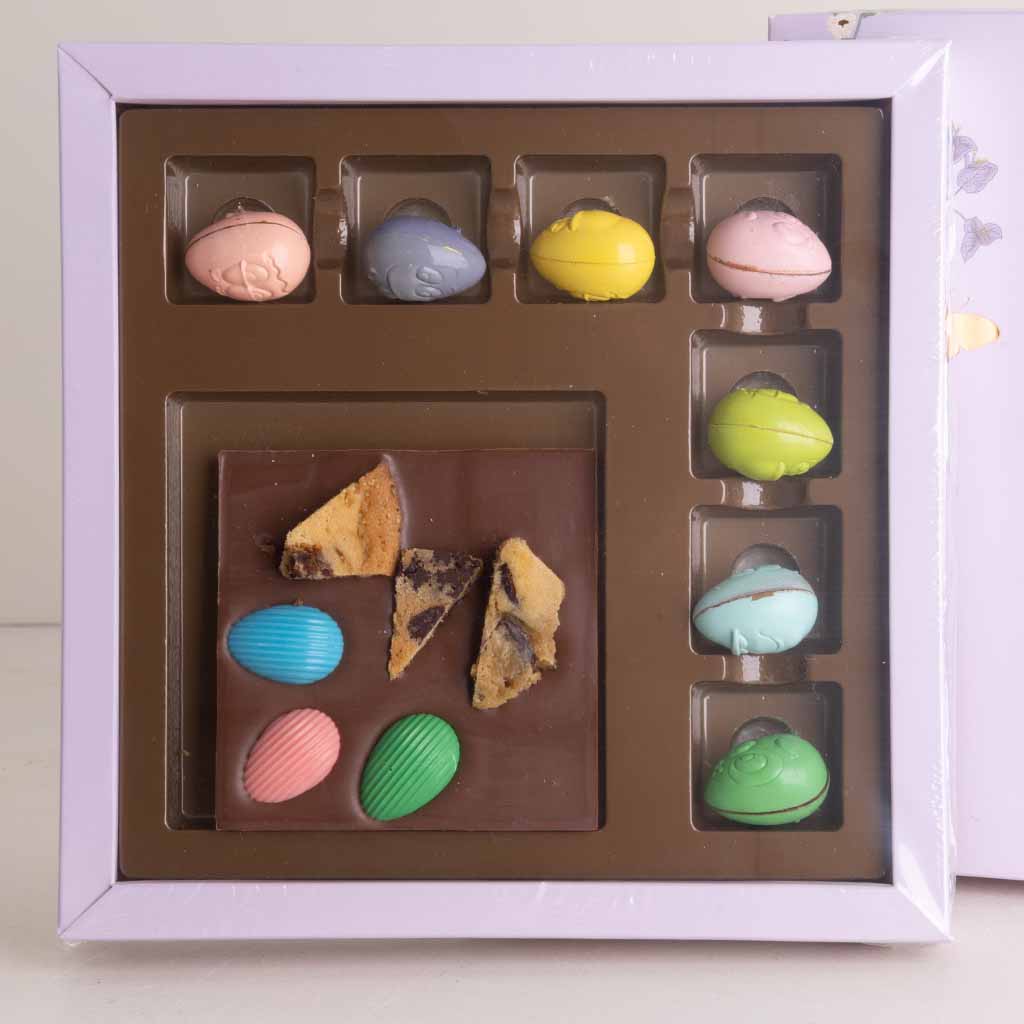 Fleur Easter Edition Belgian Bonbons Box & Belgian Chocolate Bar With Sunflower Chrysanthemum Bouquet