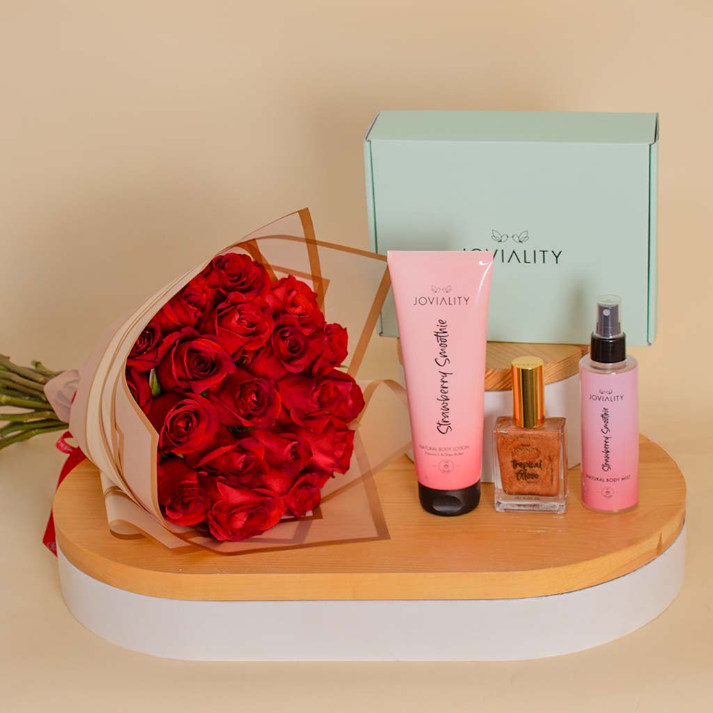 Joviality Strawberry Body Care Set with 20 Red Roses Hand Bouquet