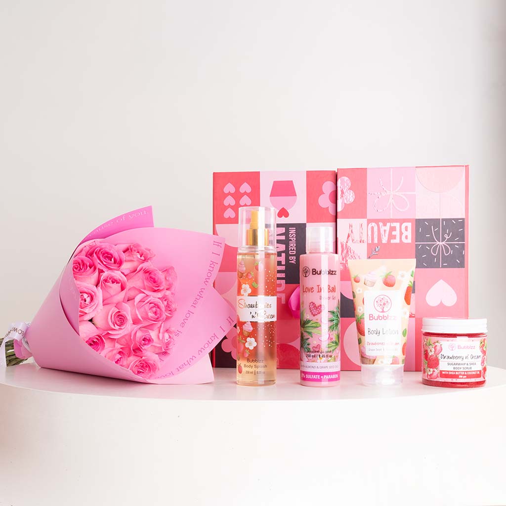 Bubblzz Strawberry Body Care Collection & Revival Roses Bouquet