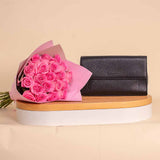 Pavo Black Small Handbag with Hand Bouquet of 20 Pink Roses