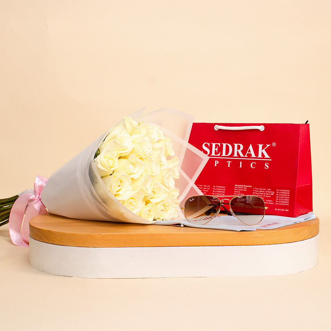 Ray-Ban Sunglass with Gold Frame & Gradient Lenses and 20 White Roses