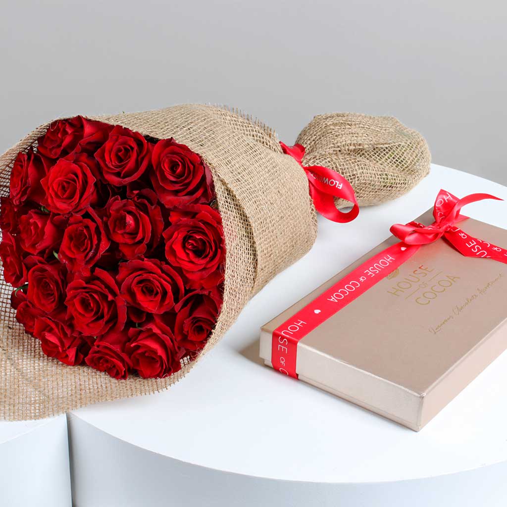 House of Cocoa Chocolate Box 32pieces and 20 red roses
