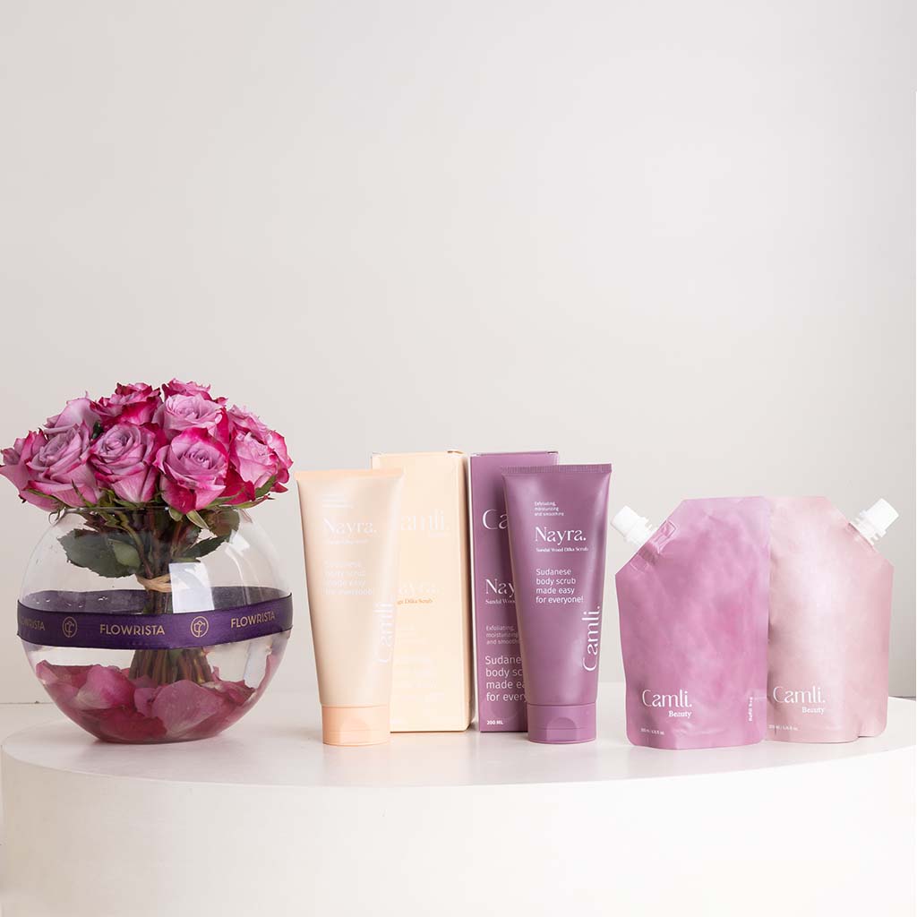 Camli Nayra Body Care Gift Set & Purple Roses Vase