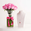 Markiz Platinum-Plated Red Zircon Necklace & Pink Roses Vase