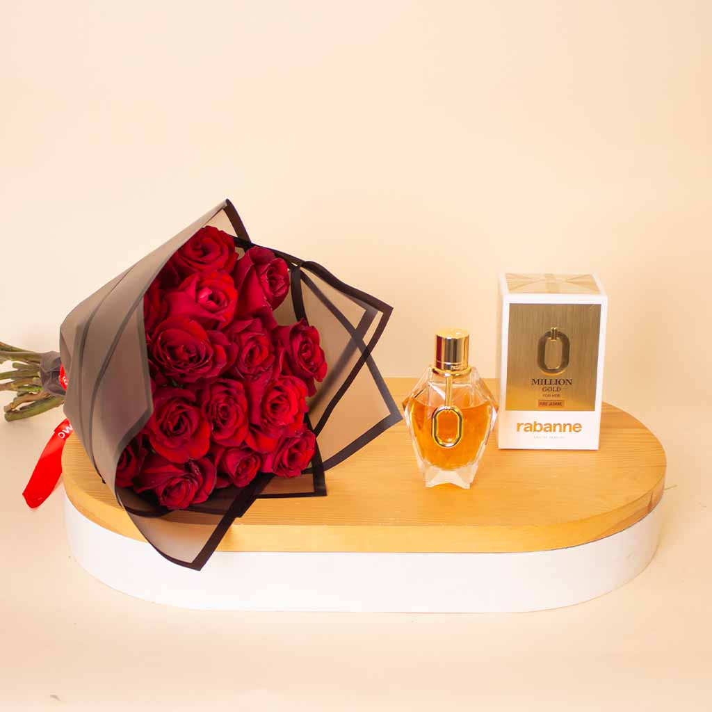 Paco Rabanne Million Gold Eau De Parfum For Women 90ml & Roses Bouquet