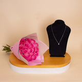 Markiz Silver Necklace & Pink Roses Bouquet