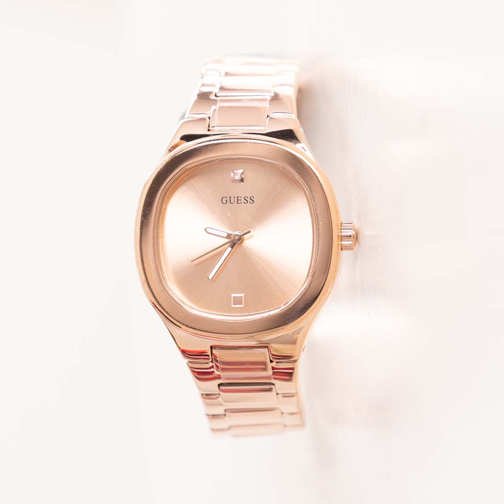 GUESS Ladies Gold Tone Analog Watch & Red Roses Bouquet