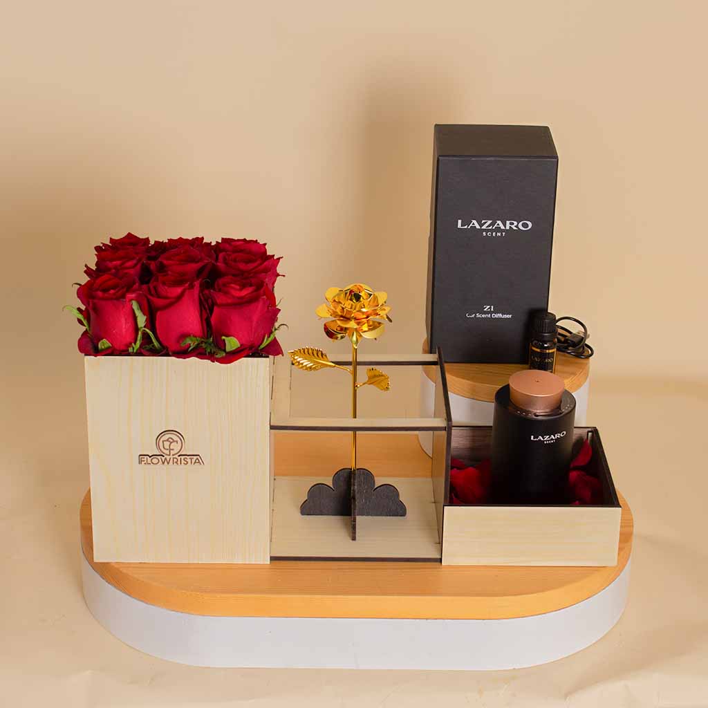 Lazaro Z1 Car Scent Diffuser Black & 9 Roses And Golden Flower