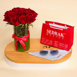 Ray-Ban Sunglass with Silver Frame & Gradient Lenses and 15 Red Roses Vase