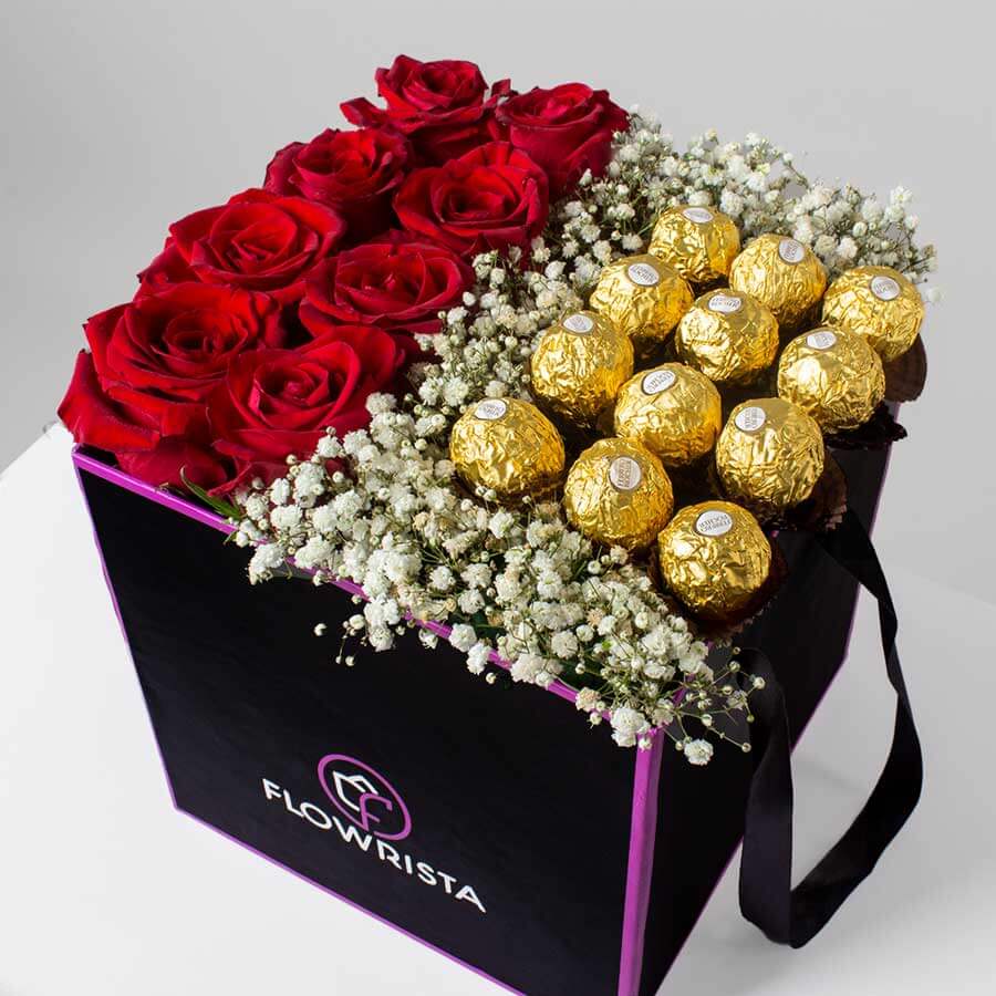 Red Roses with Ferrero Box