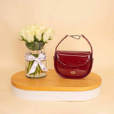Cocan Half-Moon Bag Burgundy & White Roses Vase