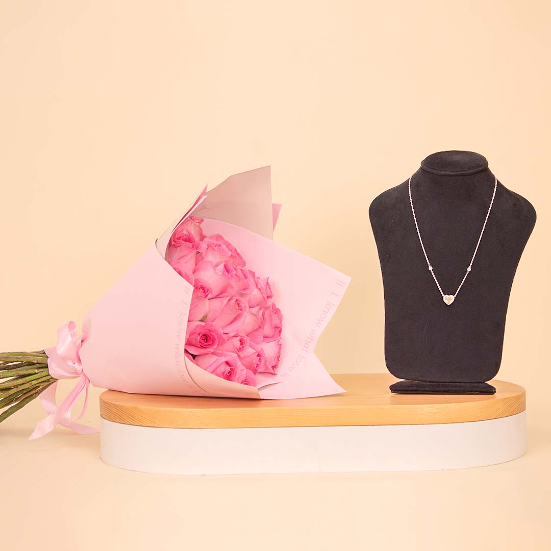Markiz Heart Necklace with Yellow Stone & 15 Pink Roses