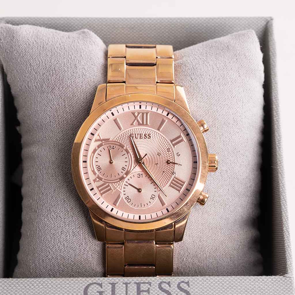 GUESS Solar Rose Gold Watch For Women & Revival Roses Bouquet