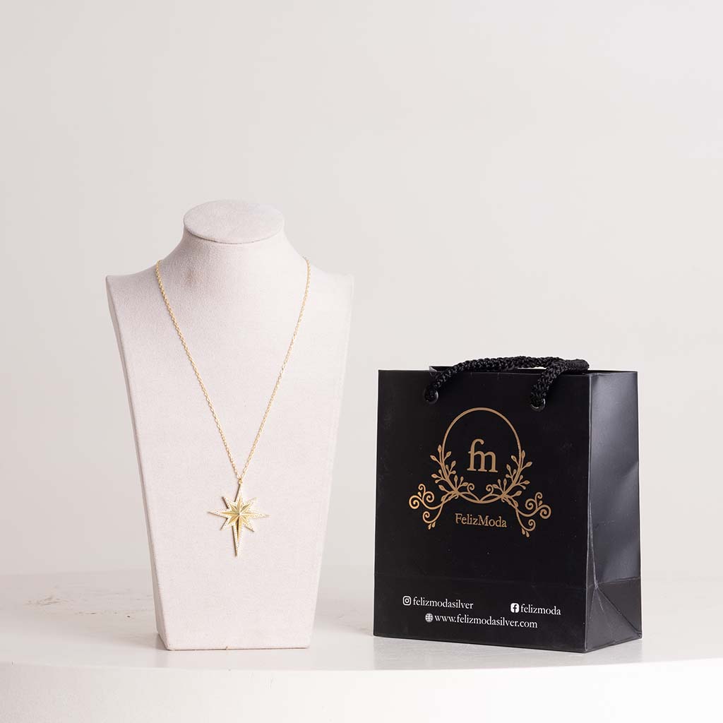 Felizmoda Large North Star Silver Necklace Gold Plated| Bouquet Of Bright Colors