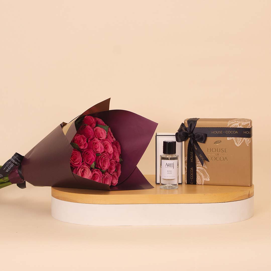 A Gift of Romance: Rose Oud, Chocolates & 15 Red Roses