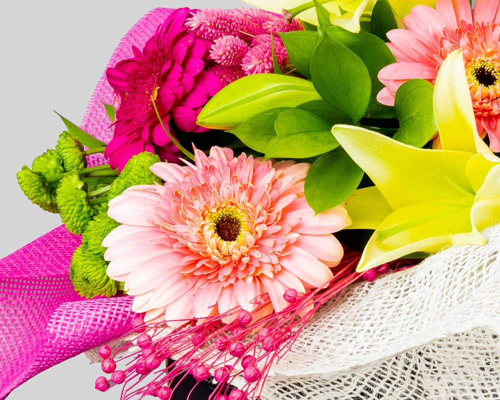 Pink Roses, Gerbera & Yellow Lilies Bouquet