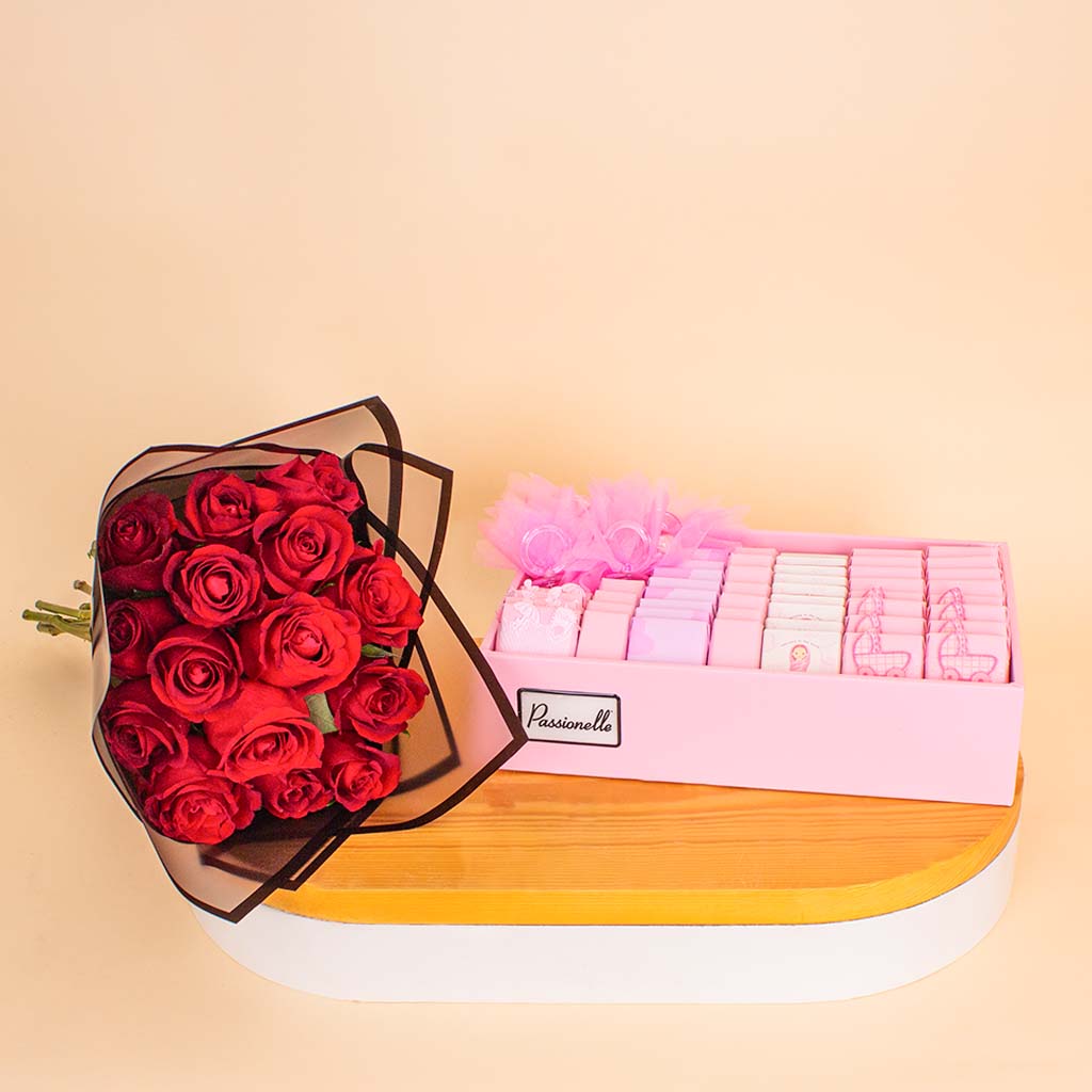 Passionelle Baby Girl Chocolate 1kg & Red Roses Bouquet