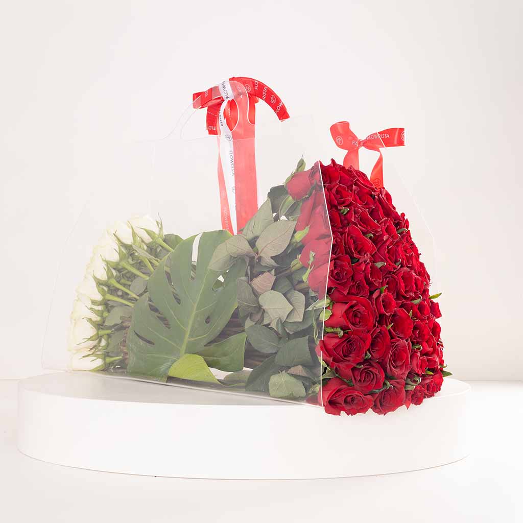 Flowrista Red & White Roses Acrylic Bag - 100 Stems